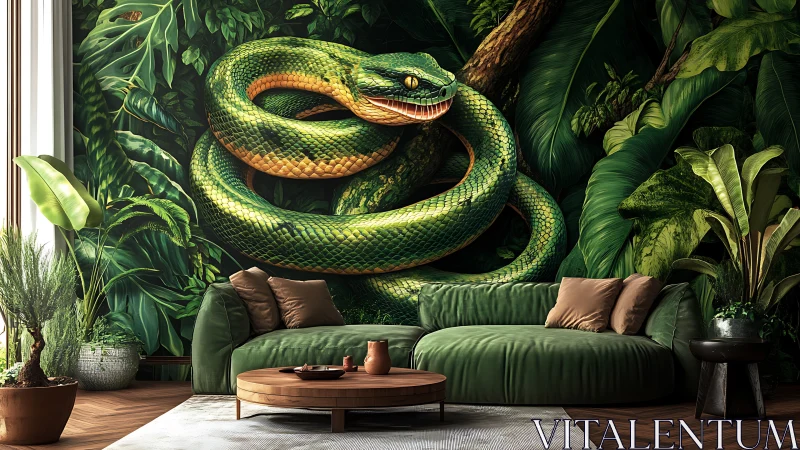 Emerald python mural dominates lush tropical living room wall.