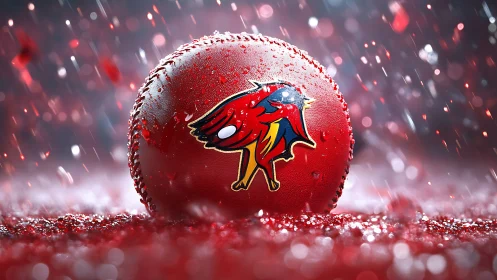 Red cricket ball with bold bird logo under dramatic rain.