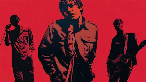 Bold red portrait of a moody rock band in dramatic shadows.