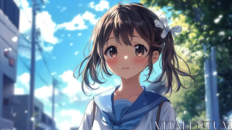Anime schoolgirl portrait is rendered in an outdoor street scene