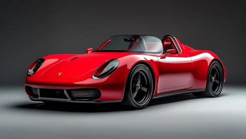 Red sports roadster in studio with glossy black wheels.