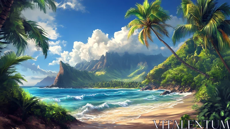 Tropical Island Paradise Beach With Palm Trees and Mountains