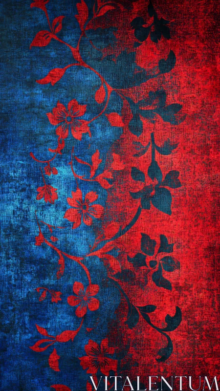 Floral vines divide textured red and blue abstract field.