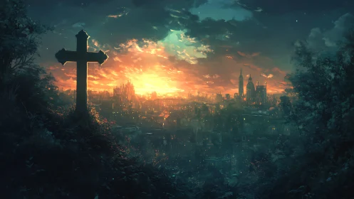 Gentle twilight cross watching over a glowing distant city.