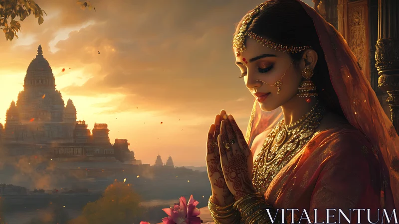 Devotional bride in ornate sari before sunset temple.