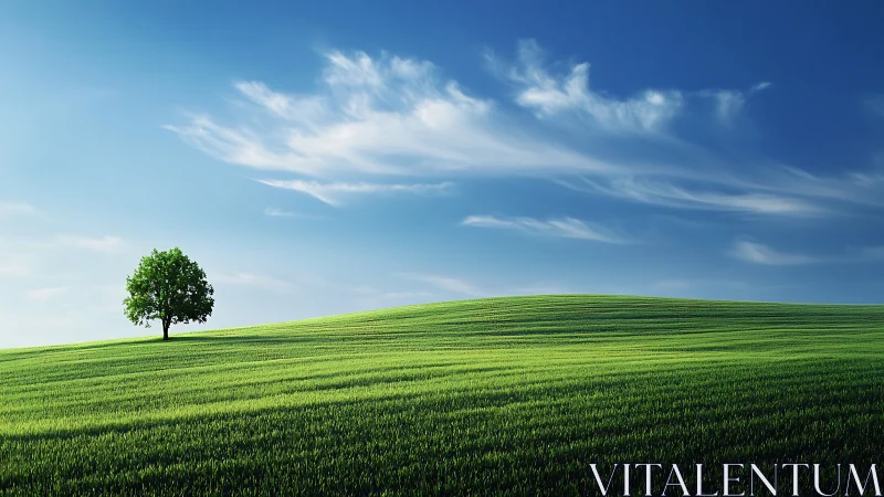 Solitary green tree on rolling hill beneath vivid sky.