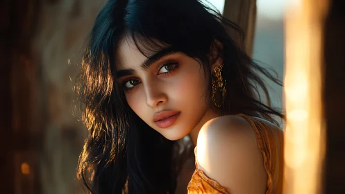Sunlit gaze of a golden-hour muse in warm rustic shadows.