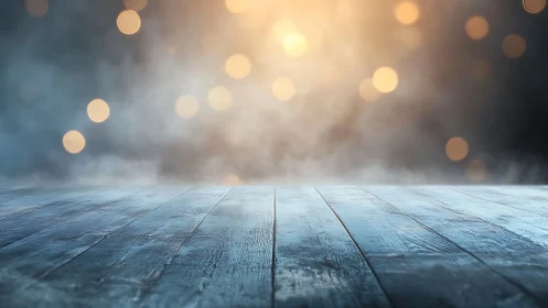 Weathered stage boards wait beneath drifting bokeh dawn