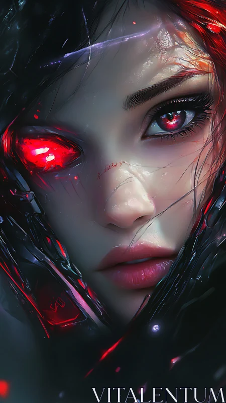 Cybernetic woman close-up with glowing red ocular implant