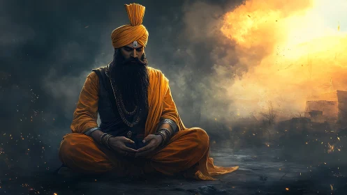 Meditating warrior saint in ember-lit battlefield environment