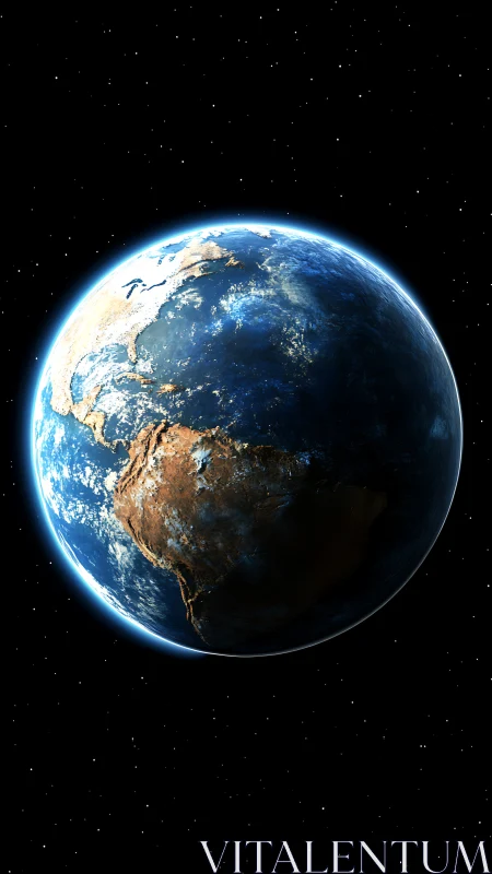 Rendered Earth globe over starfield in outer space view.