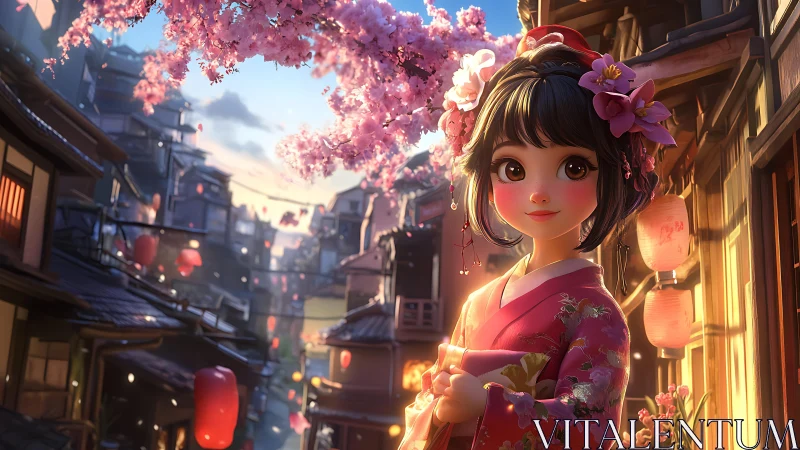 Anime girl in pink kimono under sunset sakura in alleyway