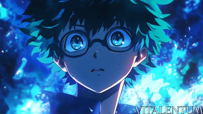 Shocked anime boy glows against a storm of electric blue light