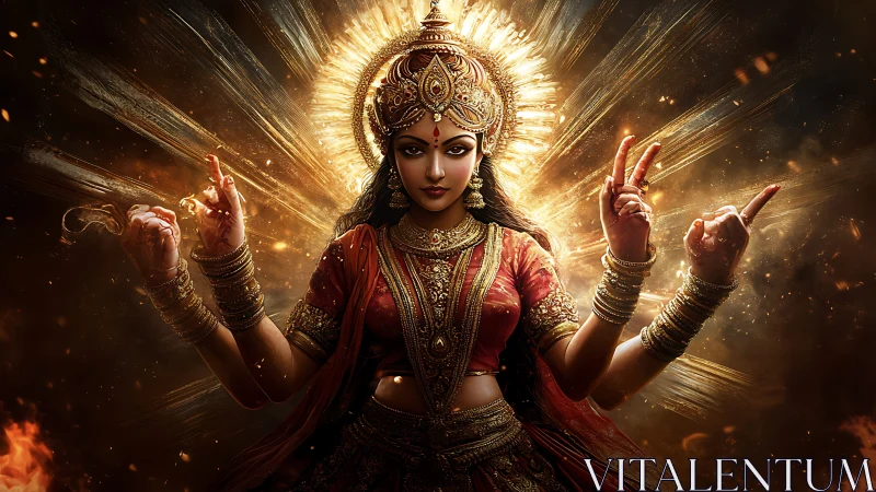 Divine multi-armed goddess in radiant golden fire halo.