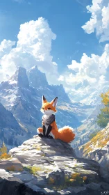Fox character sits on rocky outcrop within painted mountains