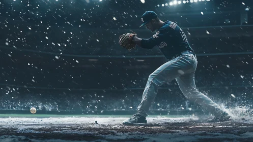 Icy baseball moment captures a determined pitcher in motion