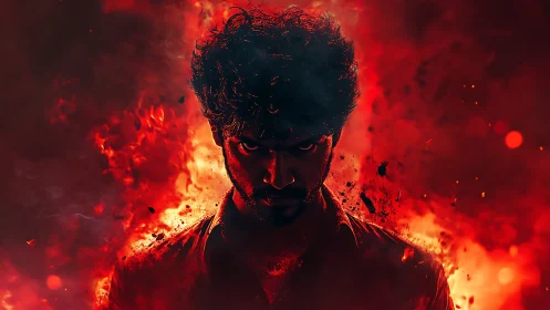 Silhouetted male figure centered in red fiery backdrop.