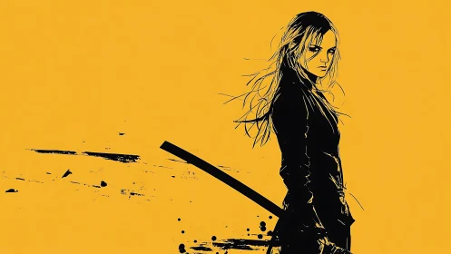 Defiant swordswoman stands bold against a vivid yellow world