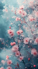 Pink flowering branches against teal background.