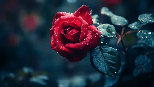 Crimson Rose with Dew Droplet Suspension in Teal-Toned Environment.