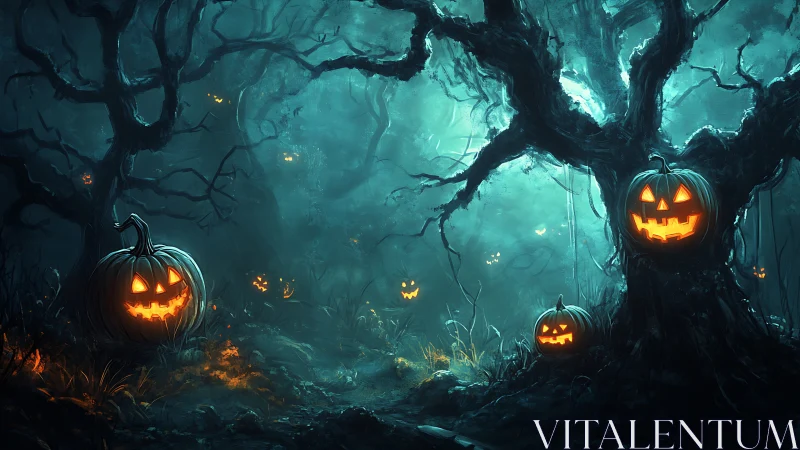 Glowing jack-o&rsquo;-lantern trail in a misty Halloween forest.