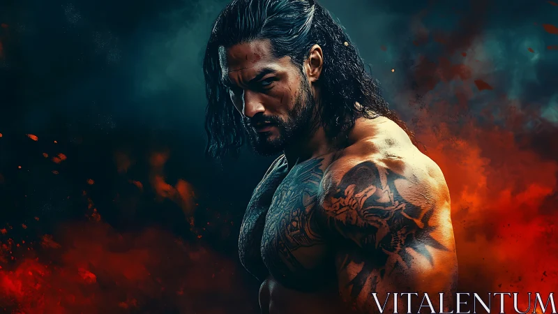 Digital painting of tattooed warrior against fiery abstract field.