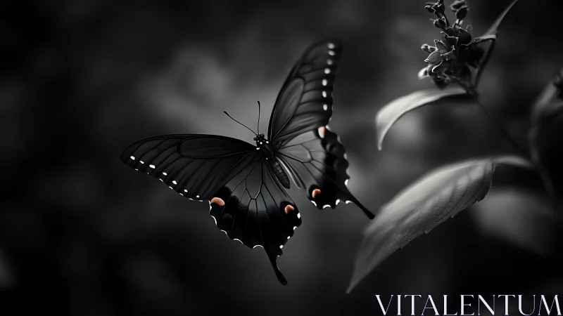 Black butterfly hovers over leaf in soft monochrome light.