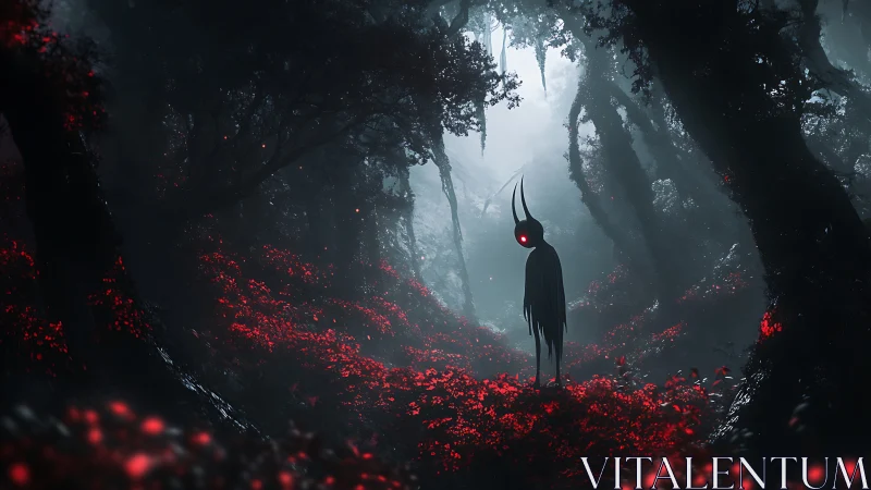 Horned wraith amid crimson forest mist at twilight.