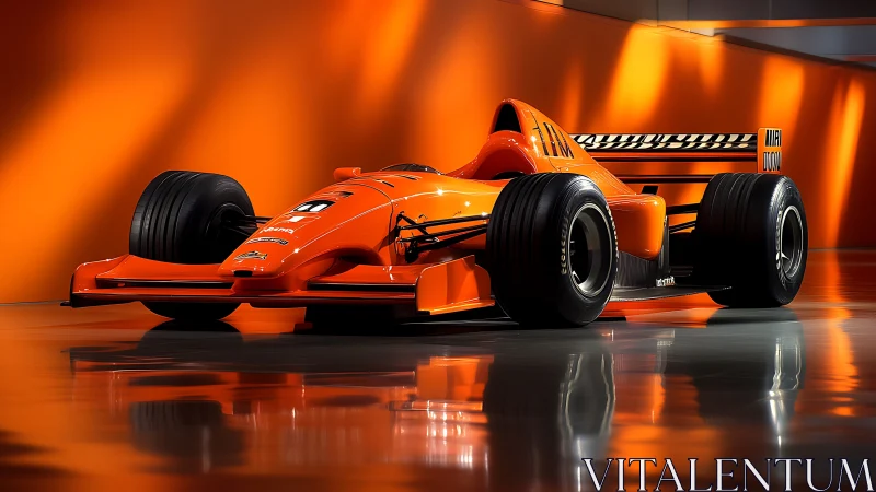 Orange formula race car under studio lights in profile.