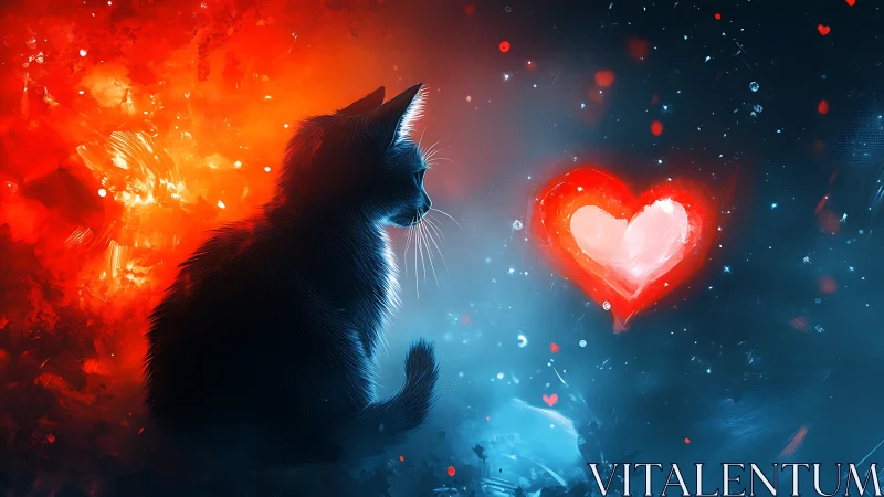 Silhouetted Feline with Neon Heart Glow in Digital Void