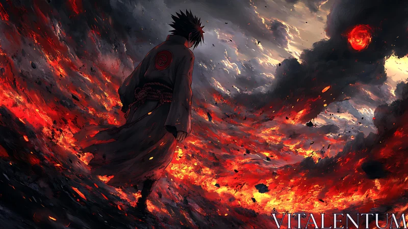 Dark-robed warrior walks through burning volcanic chaos.