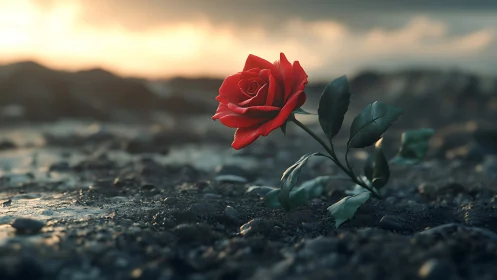 Solitary red rose emerges from barren ground at sunrise