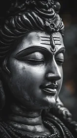 Photorealistic close-up of serene metallic deity sculpture.