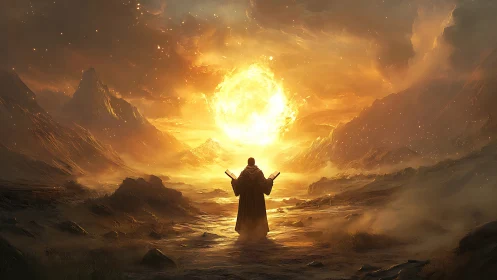 Robe-clad mage summons blazing sun over desolate valley