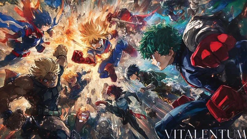 Heroic anime team charges forward in a blazing sky battle