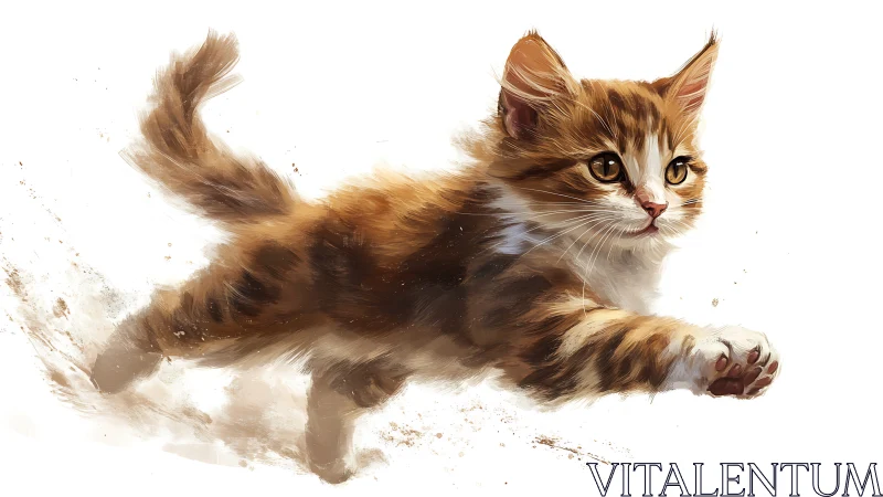 Playful Tabby Cat Mid-Leap Against White Background.