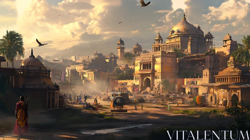 Sunlit fantasy citadel above crowded desert marketplace.