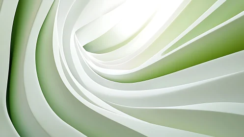 Curved layered bands form a light-centered abstract tunnel