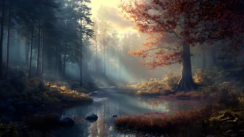 Misty Forest Stream with Autumn Light.