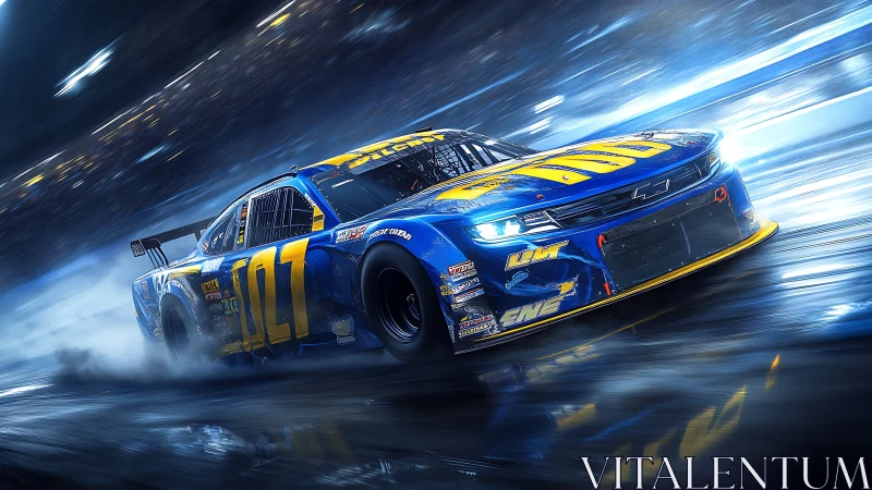 High-speed stock car in cinematic dynamic motion blur study.