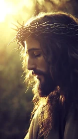 Side-lit reverent profile with crown of thorns, golden halo glow.