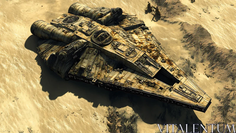 Desert impact site with derelict wedge-shaped starship hull.