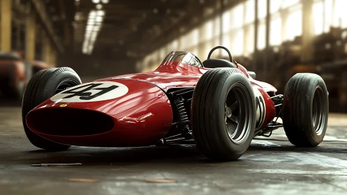 Red vintage single seat race car in industrial garage.