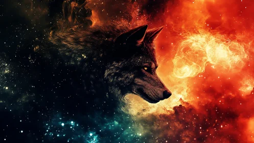 Cosmic wolf profile emerging through nebular fire and void.