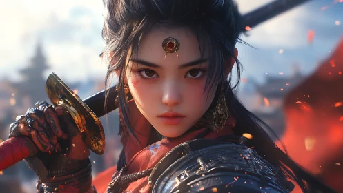 Digital portrait of armored female warrior with sword raised.