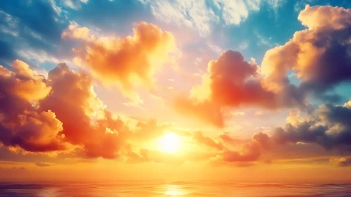 Sunset sky carnival over tranquil, mirror-bright ocean horizon.