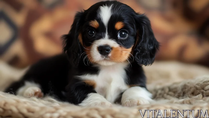 Soft-focused tricolor puppy resting on cozy woven blanket.