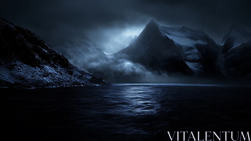 Snow covered mountains and dark water are lit by distant light