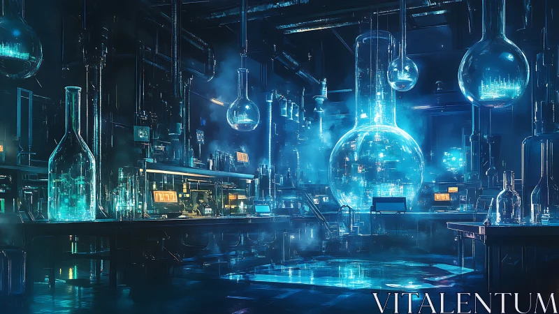 Neon alchemy lab of glass giants and humming data ghosts.