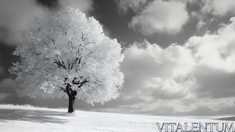 Solitary winter tree stands serene beneath dramatic clouds